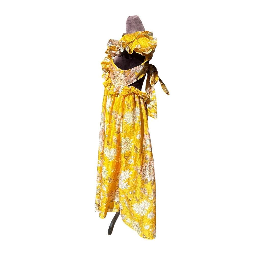 YELLOW FLORAL FLOUNCED TRIM MIDI MAXI SLEEVELESS DRESS SUMMER VACATION SZ S - Picture 5 of 6